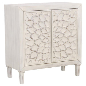 English Elm White Floral Accent Cabinet with Distressed Farmhouse Finish, 2-Door Wooden Storage with Shelves (34" H) B062P145463