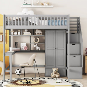 English Elm Full Size Kids Loft Bed with Integrated Desk Bookshelf Wardrobe and Storage Drawers Gray LT100669AAE