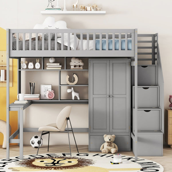 English Elm Full Size Kids Loft Bed with Integrated Desk Bookshelf Wardrobe and Storage Drawers Gray LT100669AAE