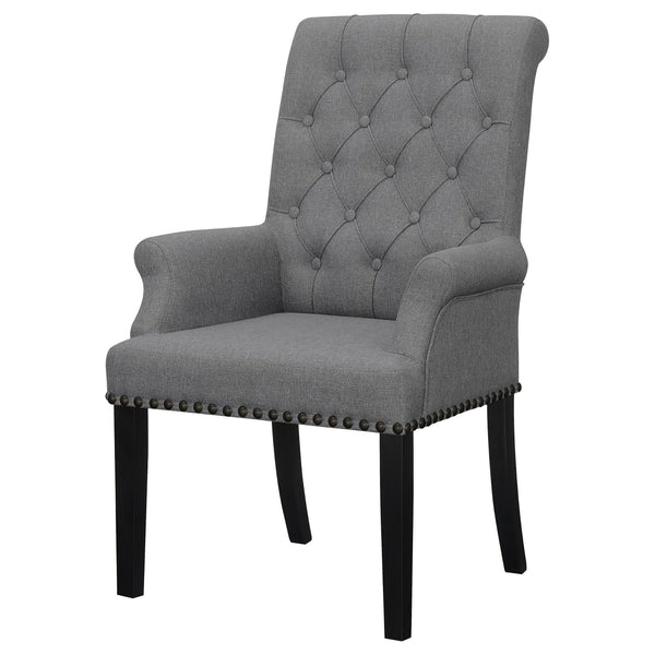 English Elm Grey Tufted Arm Chair with Nailhead Trim, Button Tufting, Rolled Arms & Plush Upholstery on Wood Legs B062P145443