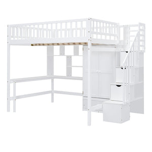 English Elm Full Size Kids Loft Bed with Integrated Desk Bookshelf Wardrobe and Storage Drawers White LT100669AAK