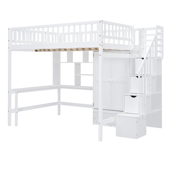 English Elm Full Size Kids Loft Bed with Integrated Desk Bookshelf Wardrobe and Storage Drawers White LT100669AAK