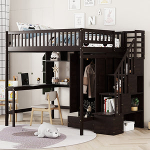 English Elm Full Size Kids Loft Bed with Integrated Desk Bookshelf Wardrobe and Storage Drawers Espresso LT100669AAP