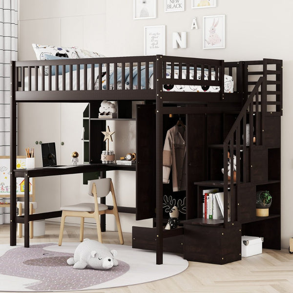 English Elm Full Size Kids Loft Bed with Integrated Desk Bookshelf Wardrobe and Storage Drawers Espresso LT100669AAP