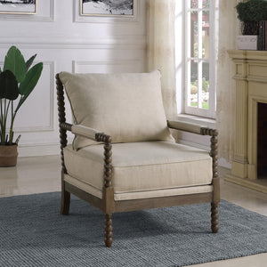English Elm Beige Vintage-Inspired Removable Back Accent Chair with Faux Linen, Spindle Wood Frame, Oatmeal Tone Elegance B062P145434