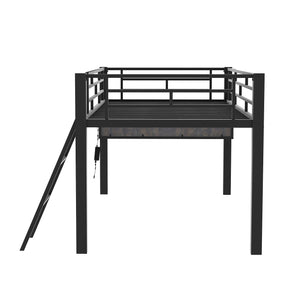 English Elm Gaming Mid Loft Bed with Desk & LED, Twin Black Steel Frame, Under-Bed Console Storage, Sturdy 350lb Capacity MF313231AAB