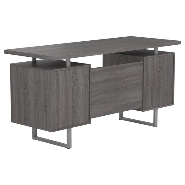 English Elm Weathered Grey Retro-Modern Floating Top Office Desk with File Cabinet, 2 Drawers, Power Outlets (60") B062P145457