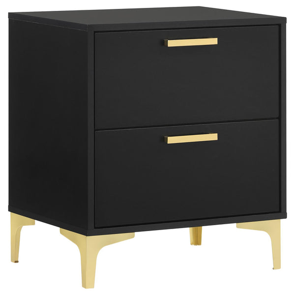 English Elm Black Black and Gold 2-Drawer Rectangular Nightstand with Gold Pulls and Bracket Legs, Space-Saving Luxury Storage B062P145592