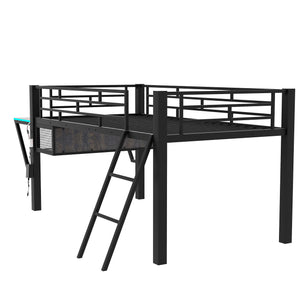 English Elm Gaming Mid Loft Bed with Desk & LED, Twin Black Steel Frame, Under-Bed Console Storage, Sturdy 350lb Capacity MF313231AAB