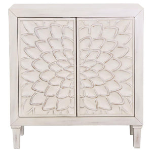 English Elm White Floral Accent Cabinet with Distressed Farmhouse Finish, 2-Door Wooden Storage with Shelves (34" H) B062P145463