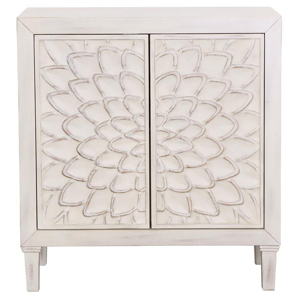 English Elm White Floral Accent Cabinet with Distressed Farmhouse Finish, 2-Door Wooden Storage with Shelves (34" H) B062P145463