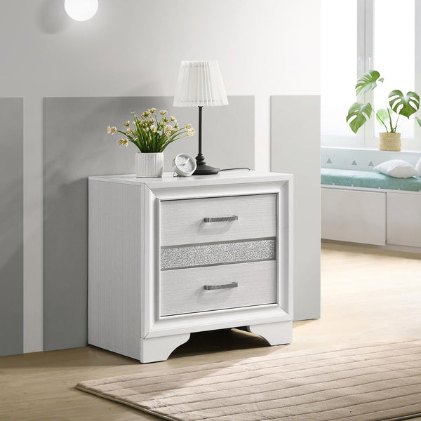 English Elm White Glam Nightstand with 2 Drawers, Hidden Felt-Lined Jewelry Tray, Crystal Pulls & Metallic Finish B062P145596
