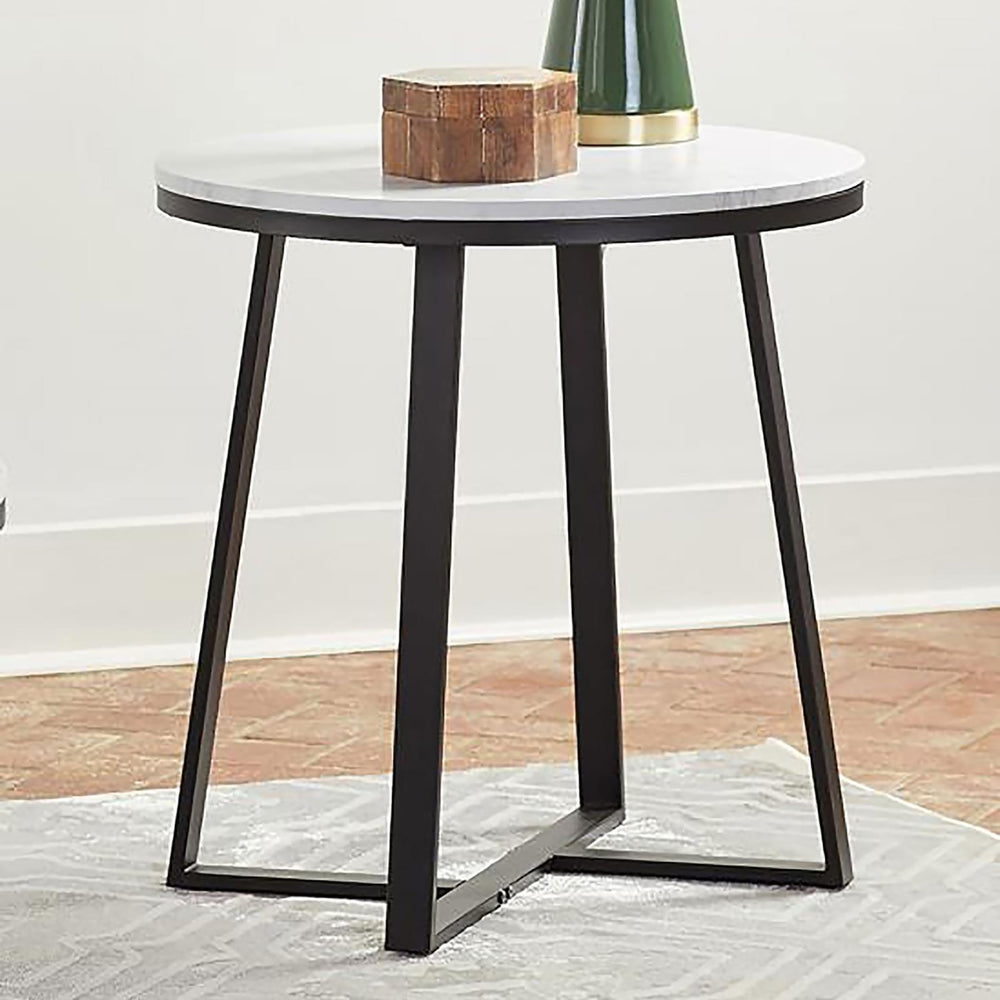 English Elm White Round Faux Marble End Table with Matte Black Metal Base — Compact Elegant Accent Table, 24" B062P145601