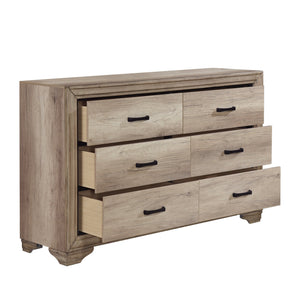 English Elm 1pc Natural Finish 6-Drawer Dresser with Black Metal Hardware, Rustic Contemporary Melamine, 58.5" x 16" x 36.5" B011P145832