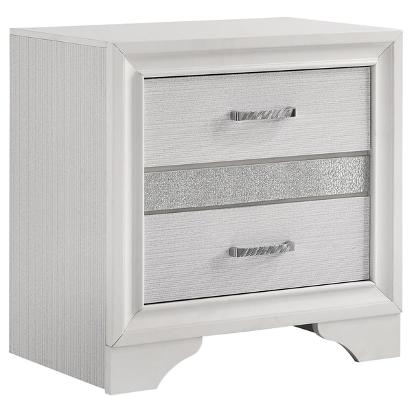 English Elm White Glam Nightstand with 2 Drawers, Hidden Felt-Lined Jewelry Tray, Crystal Pulls & Metallic Finish B062P145596