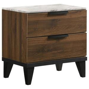 English Elm Walnut Brown 2-Drawer Faux Marble Top Nightstand