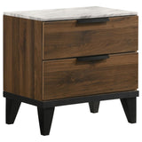 Modern Walnut Nightstand with Faux Marble Top & 2 Drawers | Sleek Design, Metal Handles | 23.25 x 15.25 x 23.00