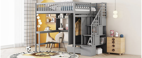 English Elm Full Size Kids Loft Bed with Integrated Desk Bookshelf Wardrobe and Storage Drawers Gray LT100669AAE