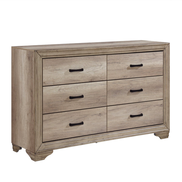 English Elm 1pc Natural Finish 6-Drawer Dresser with Black Metal Hardware, Rustic Contemporary Melamine, 58.5" x 16" x 36.5" B011P145832