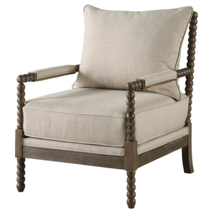 English Elm Beige Vintage-Inspired Removable Back Accent Chair with Faux Linen, Spindle Wood Frame, Oatmeal Tone Elegance B062P145434