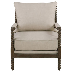 English Elm Beige Vintage-Inspired Removable Back Accent Chair with Faux Linen, Spindle Wood Frame, Oatmeal Tone Elegance B062P145434