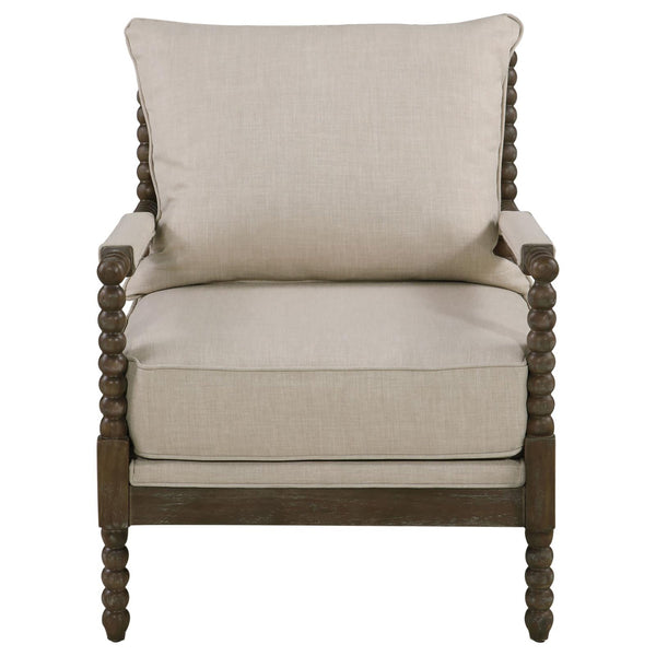 English Elm Beige Vintage-Inspired Removable Back Accent Chair with Faux Linen, Spindle Wood Frame, Oatmeal Tone Elegance B062P145434