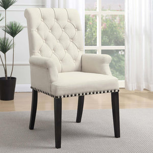 English Elm Beige Tufted Arm Chair with Diamond Button Back, Matte Gunmetal Nailhead Trim and Smokey Black Legs B062P145444
