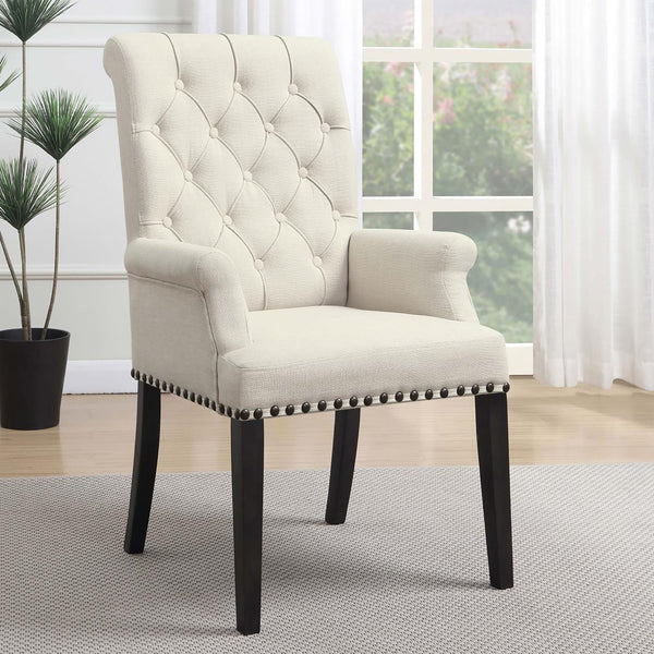 English Elm Beige Tufted Arm Chair with Diamond Button Back, Matte Gunmetal Nailhead Trim and Smokey Black Legs B062P145444