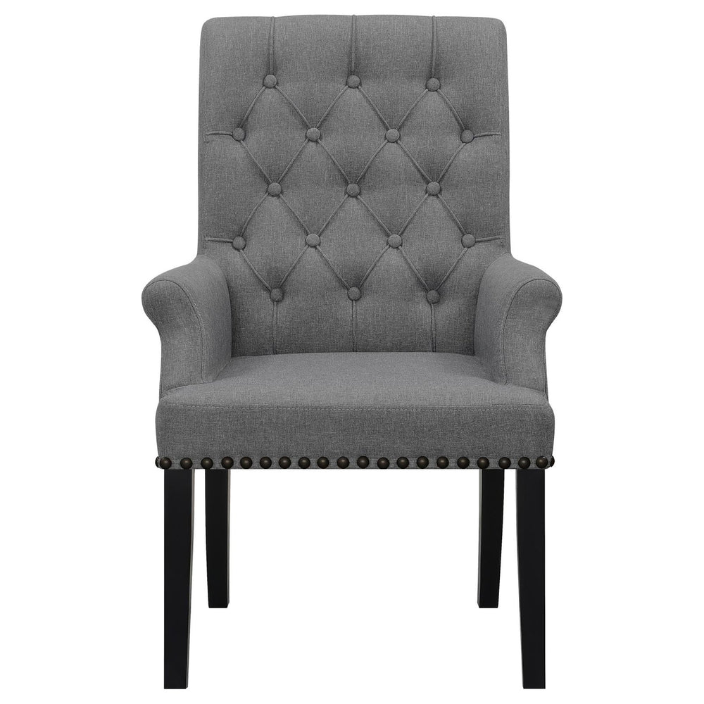 English Elm Grey Tufted Arm Chair with Nailhead Trim, Button Tufting, Rolled Arms & Plush Upholstery on Wood Legs B062P145443