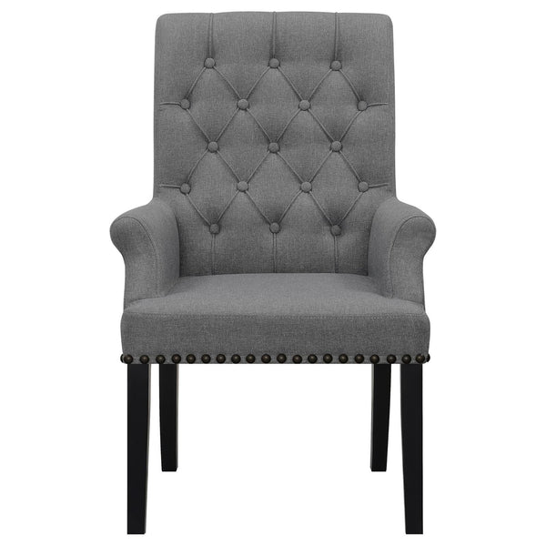 English Elm Grey Tufted Arm Chair with Nailhead Trim, Button Tufting, Rolled Arms & Plush Upholstery on Wood Legs B062P145443