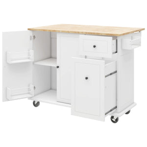 English Elm Kitchen Island With Drop Leaf, 53.9" Width Rolling Kitchen Cart On Wheels With Internal Storage Rack and 3 Tier Pull Out Cabinet Organizer, Kitchen Storage Cart With Spice Rack, Towel Rack (White)