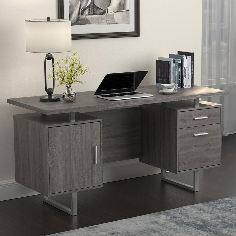 English Elm Weathered Grey Retro-Modern Floating Top Office Desk with File Cabinet, 2 Drawers, Power Outlets (60") B062P145457