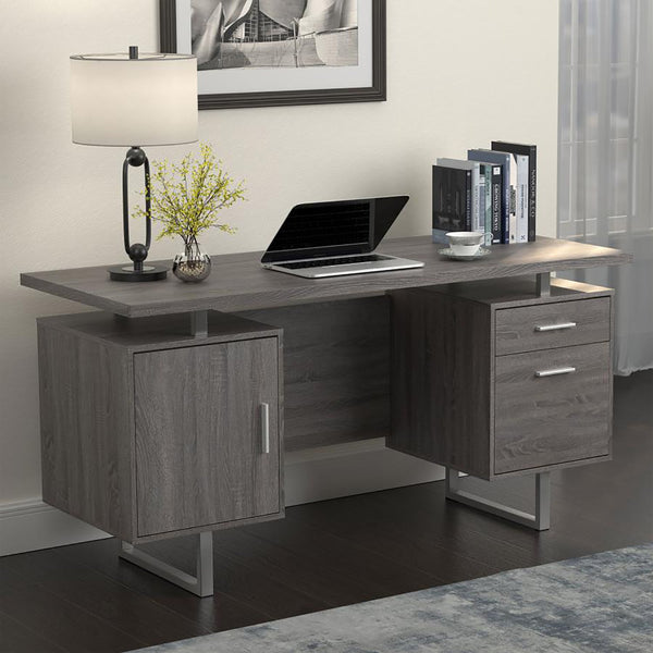 English Elm Weathered Grey Retro-Modern Floating Top Office Desk with File Cabinet, 2 Drawers, Power Outlets (60") B062P145457