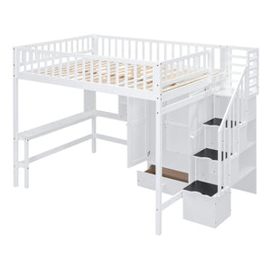 English Elm Full Size Kids Loft Bed with Integrated Desk Bookshelf Wardrobe and Storage Drawers White LT100669AAK