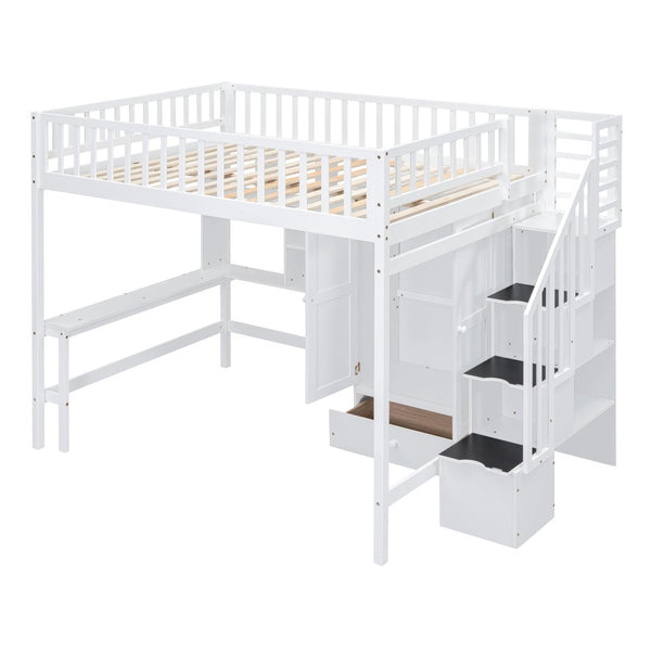 English Elm Full Size Kids Loft Bed with Integrated Desk Bookshelf Wardrobe and Storage Drawers White LT100669AAK
