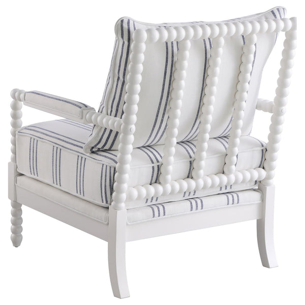 English Elm White Nautical Upholstered Stripe Accent Chair with Stacked-Sphere Spindle Arms, Coastal Linen Look - Elegant Cottage Statement Piece B062P145435