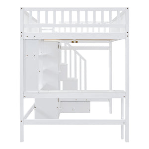 English Elm Full Size Kids Loft Bed with Integrated Desk Bookshelf Wardrobe and Storage Drawers White LT100669AAK