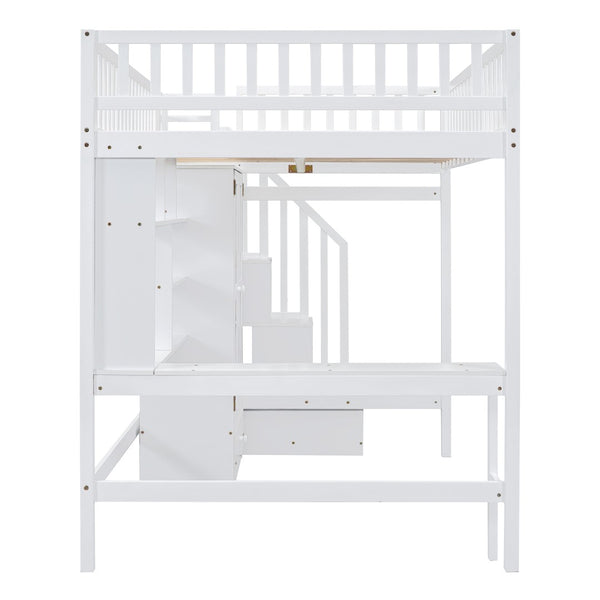 English Elm Full Size Kids Loft Bed with Integrated Desk Bookshelf Wardrobe and Storage Drawers White LT100669AAK