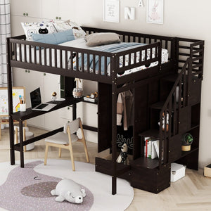 English Elm Full Size Kids Loft Bed with Integrated Desk Bookshelf Wardrobe and Storage Drawers Espresso LT100669AAP