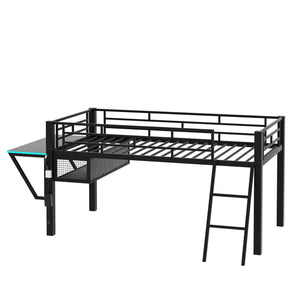 English Elm Gaming Mid Loft Bed with Desk & LED, Twin Black Steel Frame, Under-Bed Console Storage, Sturdy 350lb Capacity MF313231AAB
