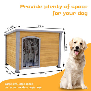 English Elm 45" Solid Wood Outdoor Dog House with Insulated Mat and Windproof Door Curtain W1431133657