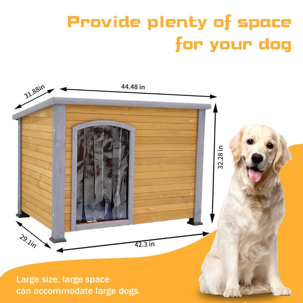 English Elm 45" Solid Wood Outdoor Dog House with Insulated Mat and Windproof Door Curtain W1431133657