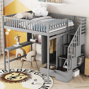English Elm Full Size Kids Loft Bed with Integrated Desk Bookshelf Wardrobe and Storage Drawers Gray LT100669AAE