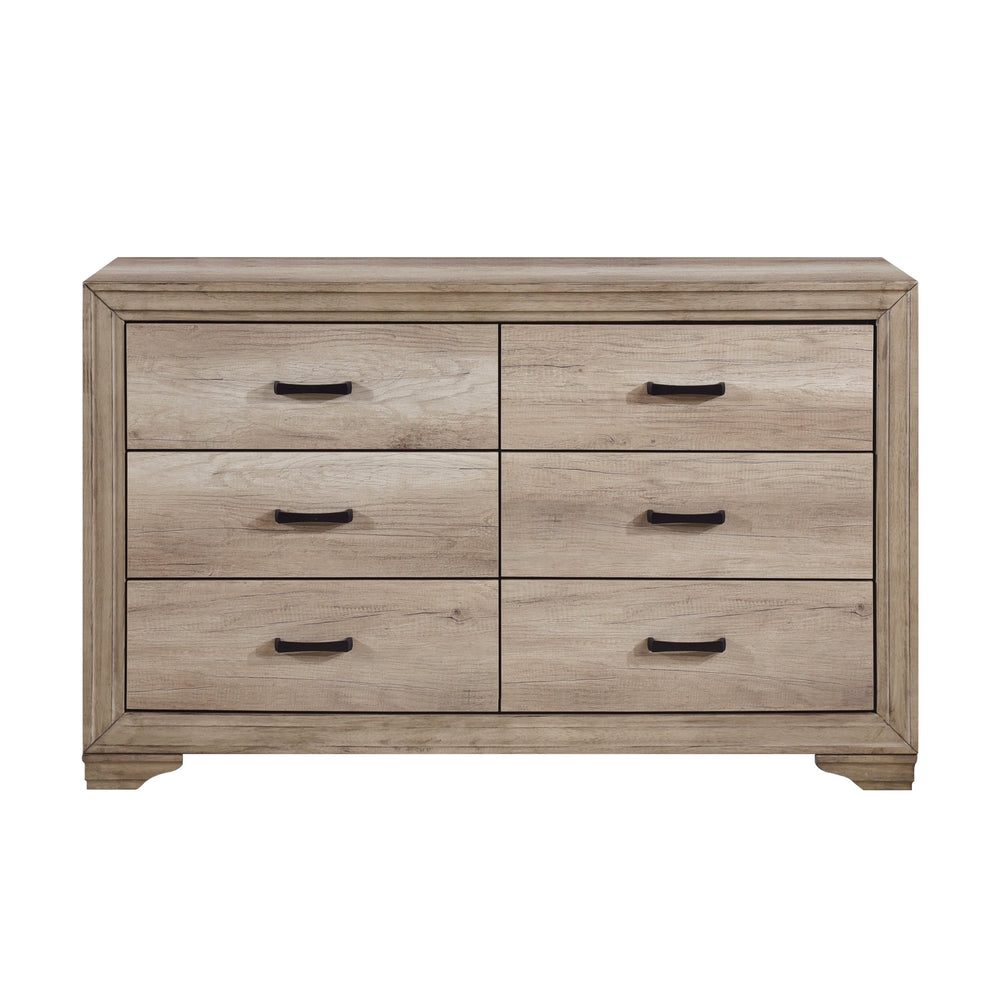 English Elm 1pc Natural Finish 6-Drawer Dresser with Black Metal Hardware, Rustic Contemporary Melamine, 58.5" x 16" x 36.5" B011P145832