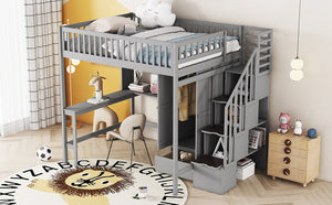 English Elm Full Size Kids Loft Bed with Integrated Desk Bookshelf Wardrobe and Storage Drawers Gray LT100669AAE