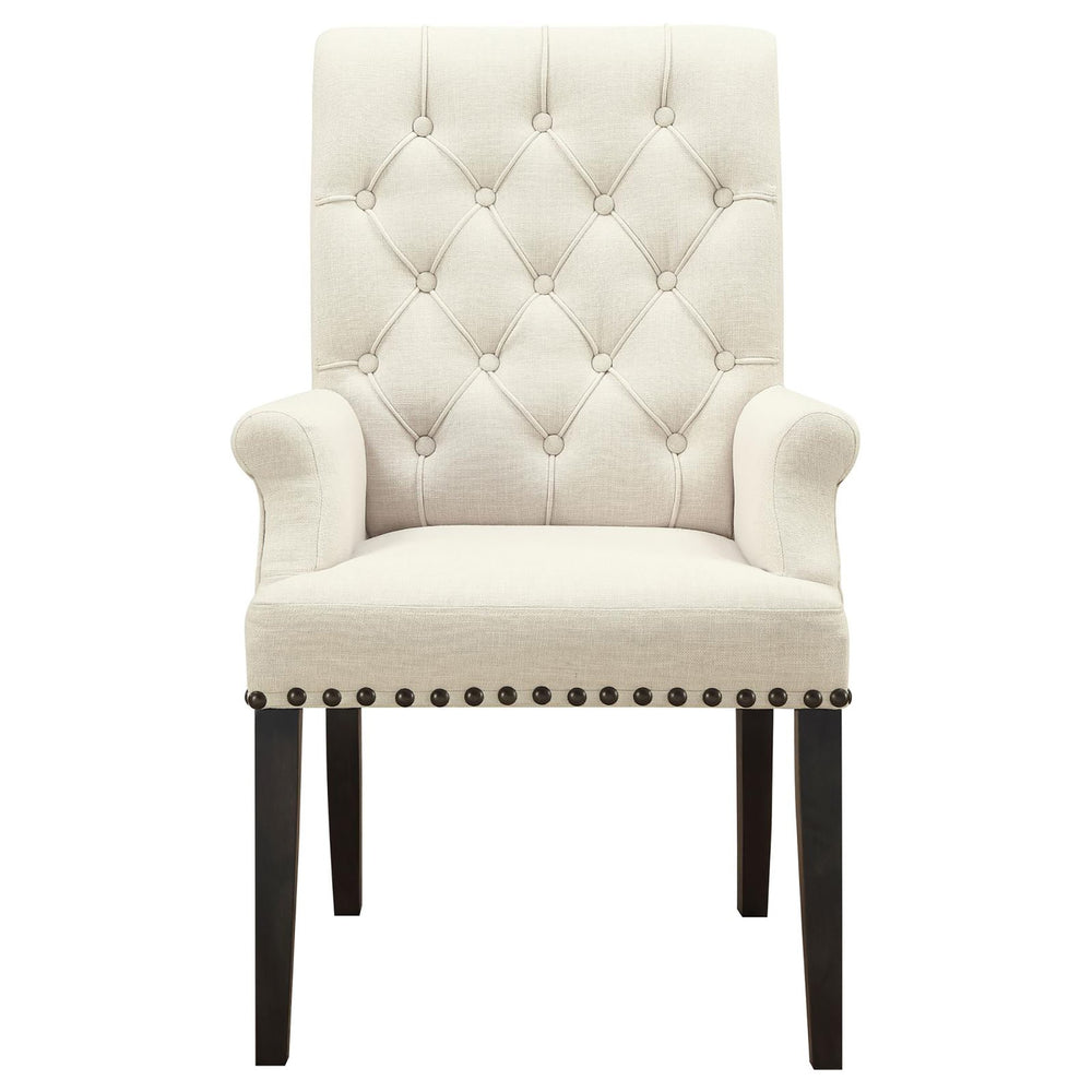 English Elm Beige Tufted Arm Chair with Diamond Button Back, Matte Gunmetal Nailhead Trim and Smokey Black Legs B062P145444