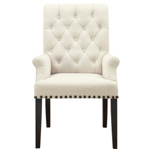 English Elm Beige Tufted Arm Chair with Diamond Button Back, Matte Gunmetal Nailhead Trim and Smokey Black Legs B062P145444