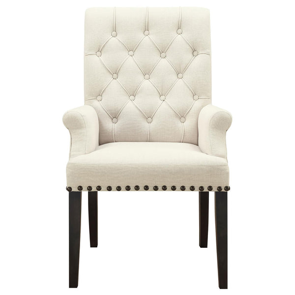 English Elm Beige Tufted Arm Chair with Diamond Button Back, Matte Gunmetal Nailhead Trim and Smokey Black Legs B062P145444