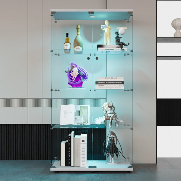 English Elm Two-Door Led Lights Glass Display Cabinet – 4 Shelves, Floor Standing Curio For Modern Homes & Offices W1806S00018-GIGA