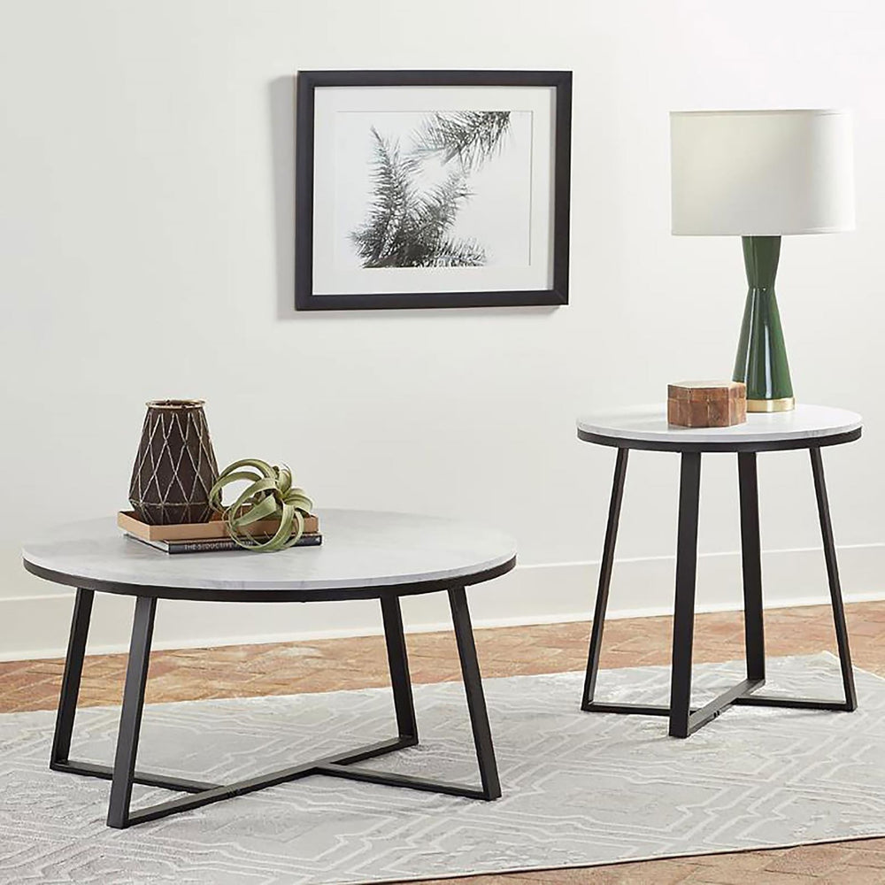 English Elm White Round Faux Marble End Table with Matte Black Metal Base — Compact Elegant Accent Table, 24" B062P145601